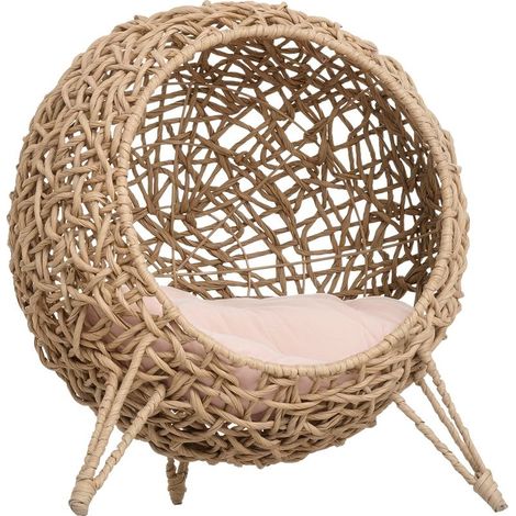 Lit-grotte en rotin pour chats ou petits animaux de compagnie avec base trépied, coussin doux en peluche et coton, conception surélevée stable, Φ52x58 cm, bois naturel (1/5)