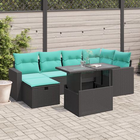 7-teiliges Gartensofa-Set mit Kissen, schwarzes Polyrattan (1/5)