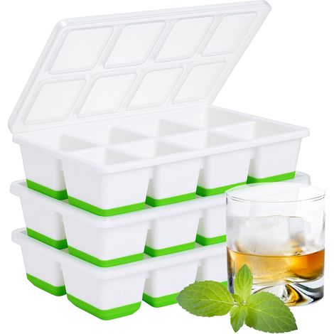 Lot de 3 bacs à glaçons en silicone avec couvercle - Grands moules à glaçons carrés pour whisky, cocktails, old fashioned et smoothies - Moules à glaçons souples et sans BPA à démoulage (1/5)