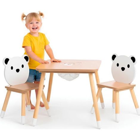 Conjunto de mesa y sillas infantiles de madera blanca con oso y almacenamiento - 3 piezas - 67 cm x 67 cm