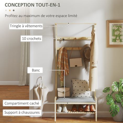 Portemanteau étagère chaussures 10 crochets tringle naturel