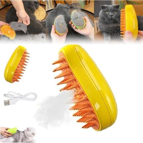 Brosse vapeur 3 en 1 pour chat, brosse vapeur pour chat pour massage, brosse de toilettage multifonction pour chat (Jaune) (1/4)