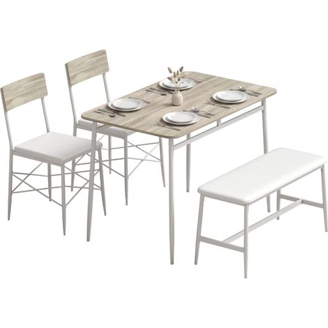 Ensemble table salle manger 2 chaises banc assises, rembourrées salon petit espace chêne blanc, compact (1/5)