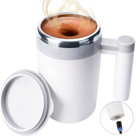 Mug auto-mélangeur rechargeable avec 2 agitateurs intégrés, étanche, idéal pour le lait ou le chocolat chaud au bureau, à la cuisine ou en voyage (414 ml). Cadeau idéal. (1/3)