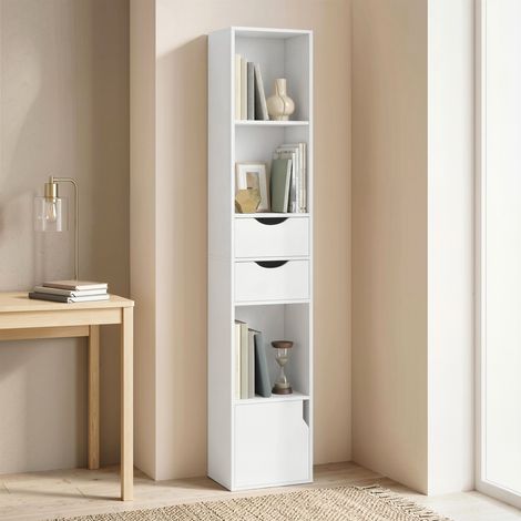 Bibliothèque avec porte, meuble de rangement à 2 tiroirs, étagères ouvertes et tablette ajustable, dimensions 30x24x158 cm, finition blanche (1/5)