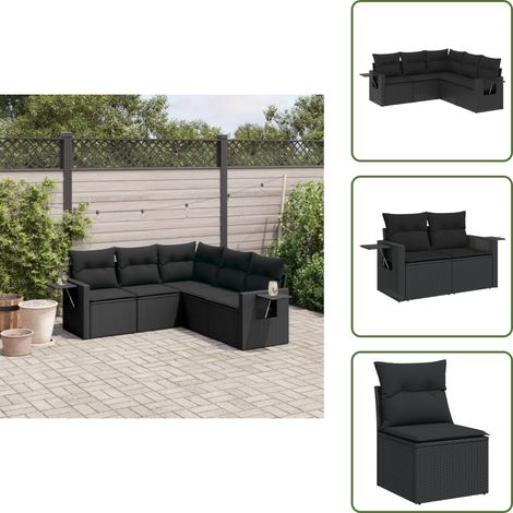 5-tlg. Garten-Sofagarnitur mit Kissen Schwarz Poly Rattan - Gartensorte - Gartenmöbelset - PE-Rattan Möbel - Outdoor Lounge Set - Balkonmöbel