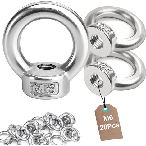 Lot de 20 écrous à anneau M6 en acier inoxydable 304 - Écrou à œil - Filetage intérieur - Œillets à œillets - Écrou à œillet - Accessoires de levage pour fixer des pots de fleurs suspendus - Support (1/5)