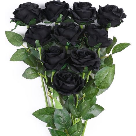 10 roses artificielles noires réalistes, fleurs en soie toucher réel, tiges longues pour bouquet, décoration maison mariage cérémonie funérailles (10 pièces, noir) (1/5)