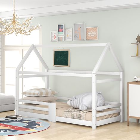 Letto per bambini, letto a casa, 90 x 200 cm, letto in legno per la cameretta dei bambini, con tavola, reti a doghe, protezione anticaduta, in legno di pino, bianco-B OKWISH (1/5)
