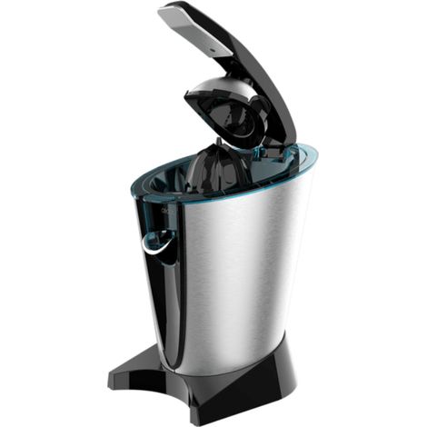 Spremiagrumi elettrico a leva in acciaio inossidabile con potenza di 600 W, filtro in acciaio inossidabile e due coni spremitori in plastica rimovibili di diverse dimensioni.