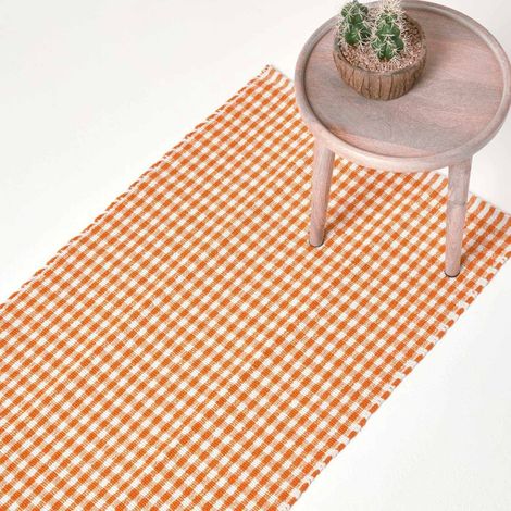 HOMESCAPES Cotton Gingham Check Hall Runner Hand Woven Orange White, 66 x 200 cm