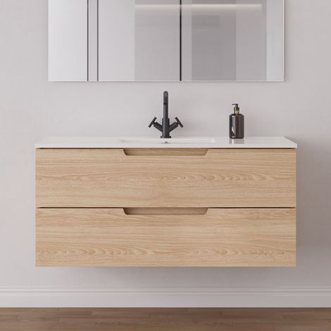Meuble de salle de bain 120 cm simple vasque - 2 tiroirs - sans miroir - roble era (chêne clair) - SONRIZA (1/5)