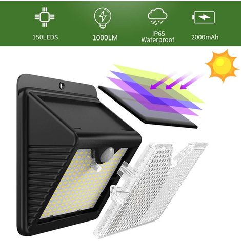 Lampes solaires d'extérieur, [Lot de 6 150 LED - 1000 Lumens] Lampes solaires étanches avec détecteur de mouvement Applique murale de sécurité sans fil pour lampes solaires de jardin 6pcs Noir (1/4)