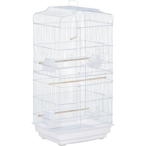 Volière pour oiseaux avec mangeoires, perchoirs et tiroir à déjections amovible, cage pour canaris, perruches et perroquets, 46,5 x 35,5 x 92 cm, blanc (1/5)