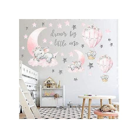 Wandtattoos „Träum groß, kleiner Junge“ mit Elefantenmotiv, Wandaufkleber „Rosa Mond, Heißluftballon, Graue Sterne“ fürs Kinderzimmer