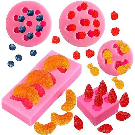 Moules en silicone pour fruits (lot de 5) : mini ananas, fraises, oranges, myrtilles et mûres en forme de fruits, idéaux pour décorer cupcakes, bonbons et chocolats. (1/5)