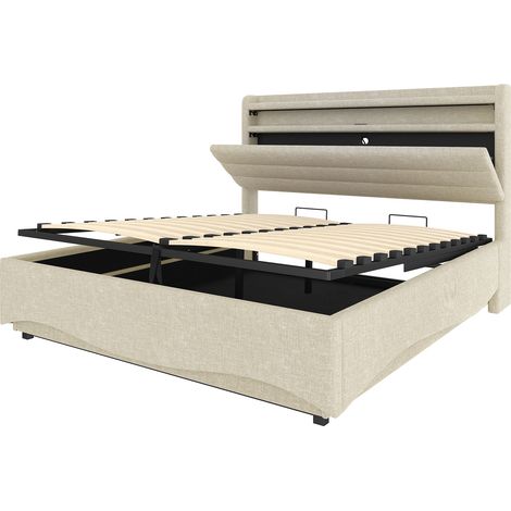 Letto imbottito con contenitore 140 x 200 cm beige, LED, USB-C e meccanismo idraulico (1/5)