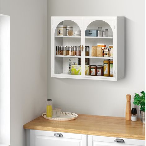 Armadietto pensile in metallo e vetro temperato bianco 60 x 23 x 70 cm, 2 ante, 3 livelli (1/5)