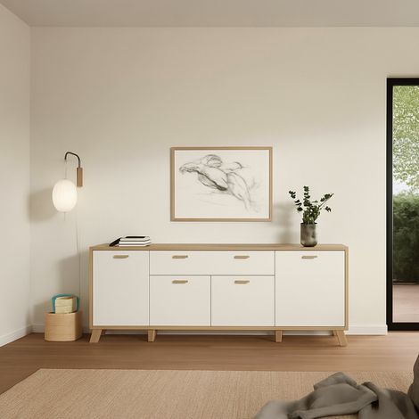 Dmora - Kommode Claribel, Wohnzimmerbuffet, Wohnzimmer-Sideboard, Moderne Küchen-Speisekammer, 196x39 h73 cm, Eiche und Weiß (1/5)
