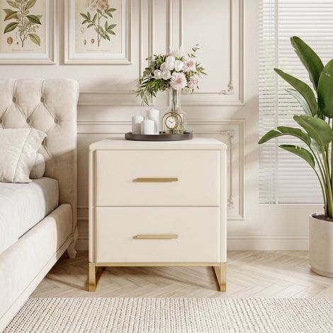 BLANKETSWARM - Lot de 2 Table à Chevet, Table de nuit - 2 Tiroirs - Manches et pieds en couleur doré - Style scandinave pour salon, chambre, 40 x 40 x 50 cm, Velours Beige (1/5)