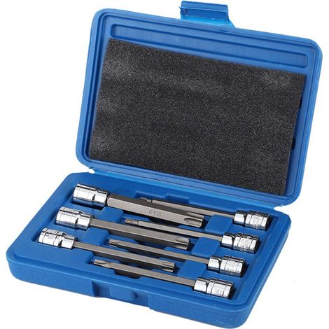 Set mit 7 extra langen Torx-Steckschlüsseln, 3/8 Zoll, Profi, T25, T30, T40, T45, T50, T55, T60, Bit-Stecknüsse mit blauem Koffer