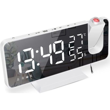 1 Radio réveil projecteur, affichage grand écran LED, température/humidité intégrées, miroir élégant, projection rotative 180°
