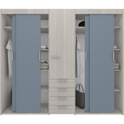 Armadio scorrevole L.225 cm con cassettiera centrale integrata - Rovere Rock e Avio