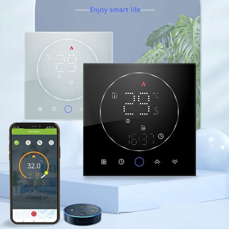 Thermostat sans fil intelligent, panneau de commande de thermostat intelligent pour maison connectée, chaudière murale à contact sec, AC95240V, blanc. (1/5)