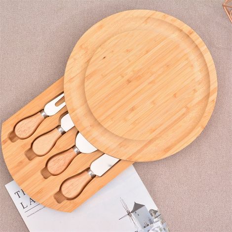 Tagliere in bambù per formaggi con set di coltelli e cassetto estraibile - Piatto rustico per salumi e formaggi (25 cm) (1/5)