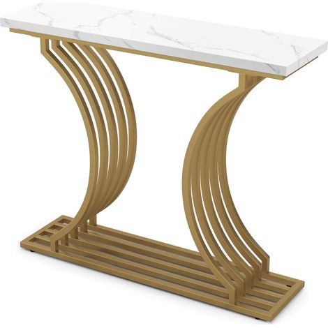 Consolle con piano in finto marmo bianco, Tavolo d'ingresso stretto con gambe metalliche per soggiorno Oro (1/4)