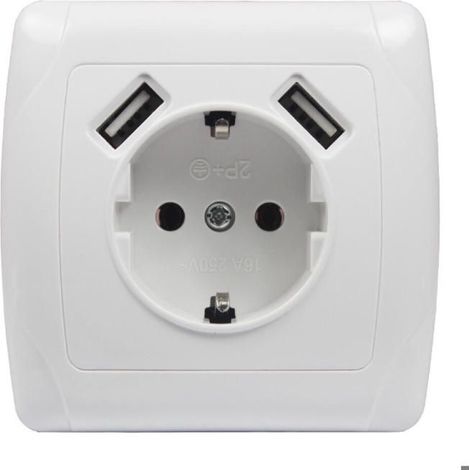 Prise murale encastrée avec deux ports USB, idéale pour le bureau, dimensions 8 x 8 x 5 cm, blanche (1/5)
