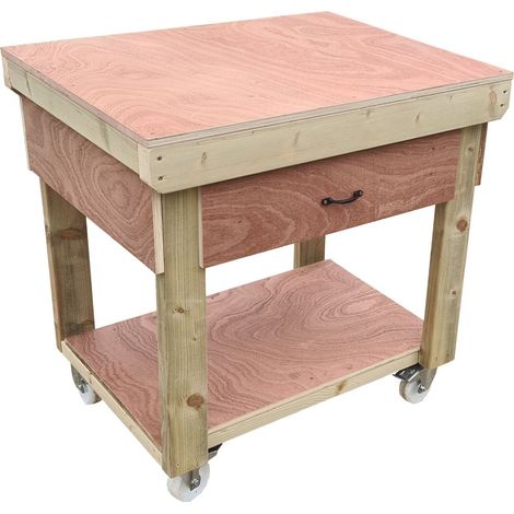 Wooden Eucalyptus hardwood top workbench, tool cabinet with drawer (V.1) (H-90cm, D-70cm, L-90cm) with wheels (1/5)