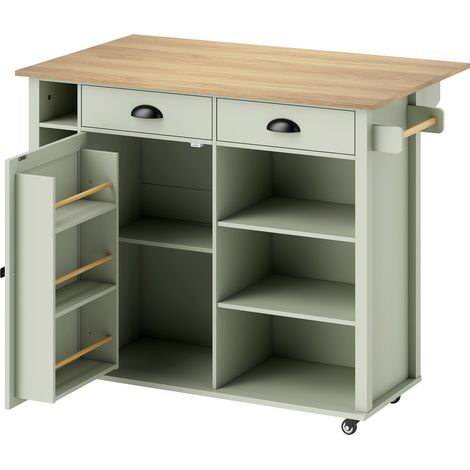 Îlot de cuisine avec tablette rabattable, chariot de cuisine mobile à 2 tiroirs, porte-serviettes, couleur verte (1/5)