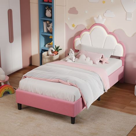 Lit 90 x 190 avec sommier, lit enfant, Lit Couronne en Velours Rose et Blanc, Tête de Lit Réglable, Cadre de Lit Stable avec Pieds Centraux, Lit Princesse pour Chambre Adulte ou Ado (1/5)