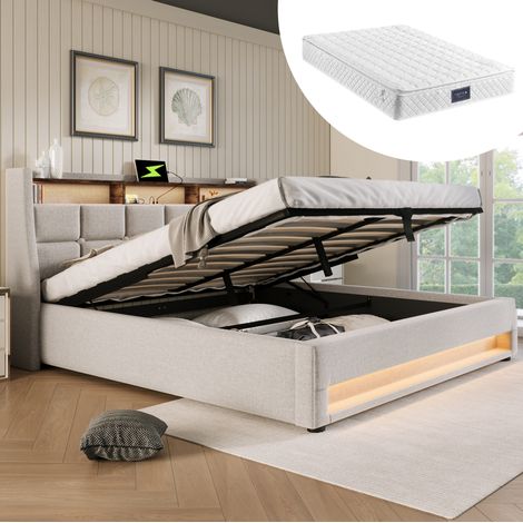 Lit coffre 140x200 LED USB avec matelas beige HAVRYA (1/5)