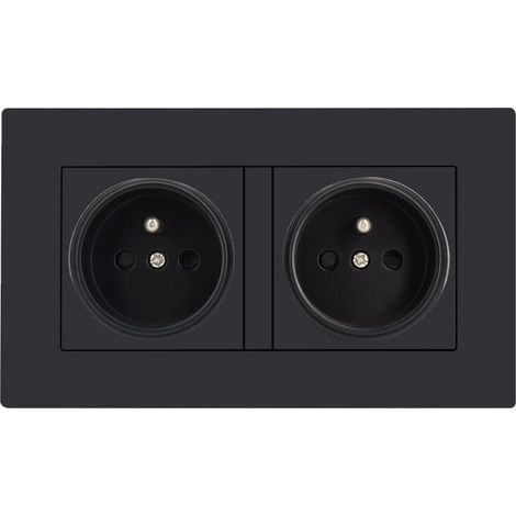 Prise murale monobloc, 2 prises de courant CA, 2 ensembles avec cadre en verre trempé, norme française, 16 A, 250 V, noir, dimensions 146 x 86 mm (1/5)