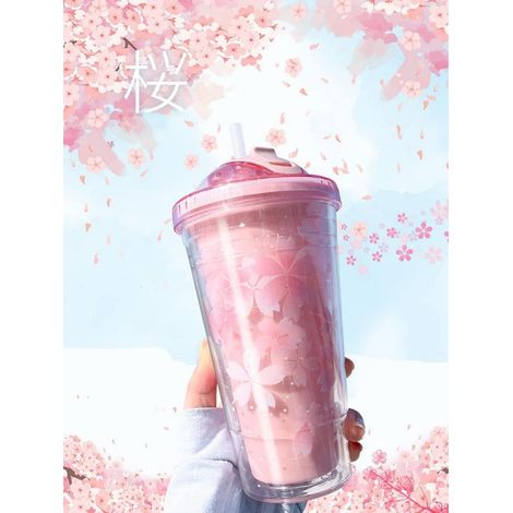 Jolie bouteille d'eau avec paille et bouchon (rose) (1/5)