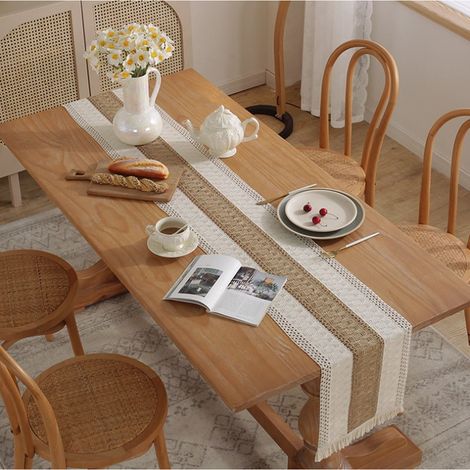 Luxuriöser und leichter Tischläufer im französischen Stil in Kaffeefarbe, 30 x 180 cm, lange Tischdecke mit symmetrischen und zweifarbigen Quasten, festliche Dekoration für den Hochzeitstisch. (1/5)