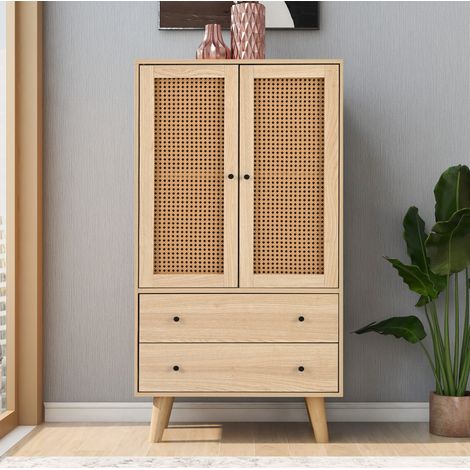 Buffet 60x40x120 cm chêne en panneaux de particules avec 2 portes, 2 tiroirs et façade effet rotin (1/5)