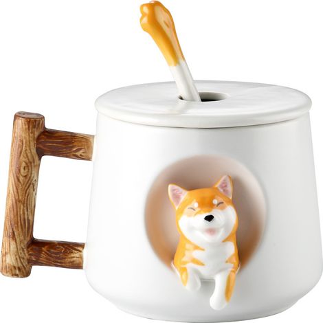 Mug en céramique blanc à motif Shiba Inu mignon, 420 ml, avec couvercle et cuillère, cadeau pour couples