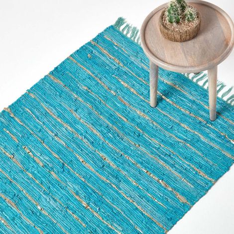 HOMESCAPES Leather Glitter Rug Gold & Turquoise,90 x 150 cm