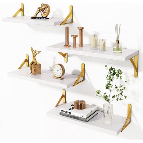 Lot de 4 étagères murales en bois blanc avec supports en métal doré, étagère murale multi-usages montage créatif, étagère pour chambre à coucher, salon, cuisine, salle de bain, bibliothèque (1/5)