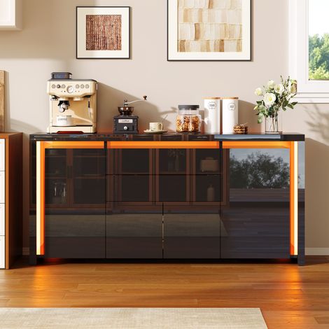 Sideboard mit 4 Türen und 2 Schubladen – Hochglanzfinish mit LED-Beleuchtung, TV-Möbel mit Stauraum – Küchenmöbel – Schwarz