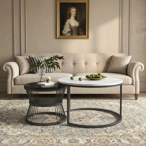 Lot de 2 Tables Basses Gigognes avec Cadre Doré, Tables Basses Rondes Modernes pour Salon, Chambre, Balcon, Bureau. 70cm + 45cm (1/5)