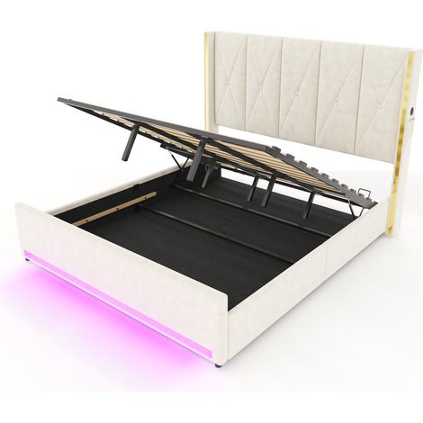 Lit coffre en velours beige 180x200 cm avec tête de lit haute, LED, USB-C et rangements HOMVRA (1/5)