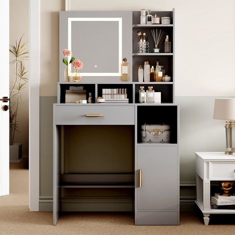 Dressing Table, Vanity Desk with Mirror, LED Lights and Drawers, Makeup Desk with Brightness Adjustable, Large Open Storage Areas for Bedroom TRURO GREY