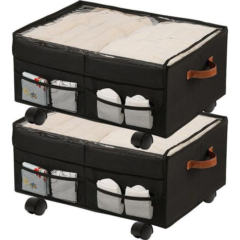 Boîte de rangement à roulettes en tissu Oxford, grande capacité, anti-poussière, à glisser sous le lit, beige 57 x 43 x 31 cm, lot de 2 avec roulettes noires (1/5)