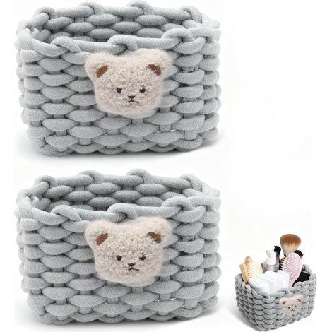 Juego de 2 cestas de almacenamiento de cuerda de algodón gris, cestas cuadradas pequeñas apilables para bebés y sala de estar.