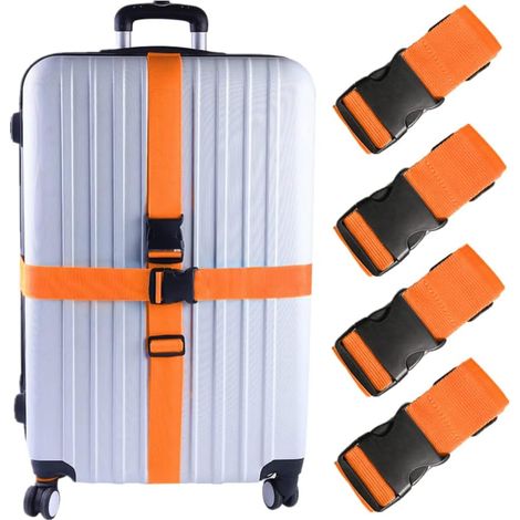 Lot de 4 sangles à bagages de 188 cm x 5 cm, larges et réglables, pour valises et accessoires de voyage, orange. (1/5)