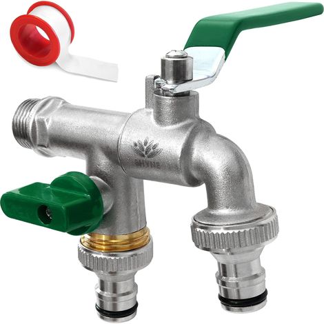 Hochwertiger Doppelwasserhahn aus Messing, 1/2 Zoll (15/21), rost- und frostbeständig + 2 kostenlose Schlauchanschlüsse (1/5)